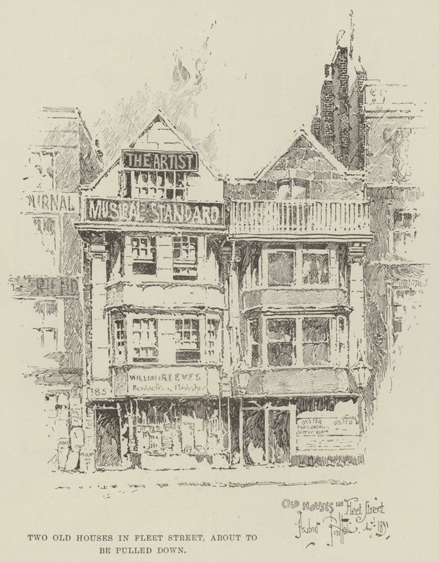 Twee oude huizen in Fleet Street, op het punt om gesloopt te worden door Herbert Railton