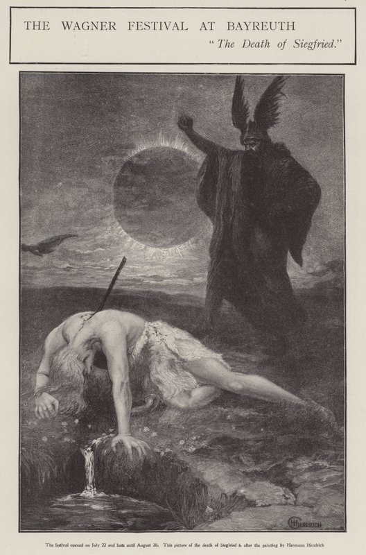 Het Wagner Festival in Bayreuth: de Dood van Siegfried (litho) door Hermann (after) Hendrich