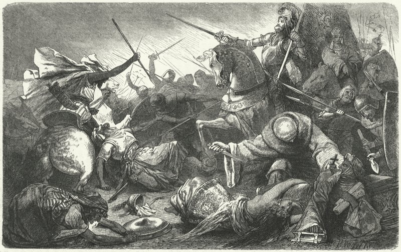 Christenen vechten tegen de Almohaden bij de Slag om Las Navas de Tolosa, Spanje, 1212 door Hermann Vogel