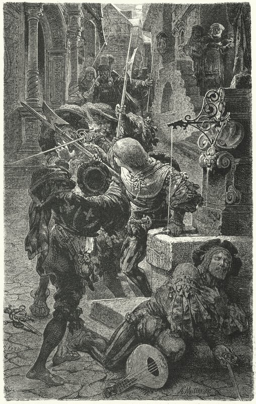 Botsing tussen studenten en Landsknechten in Erfurt, 1510 door Hermann Vogel