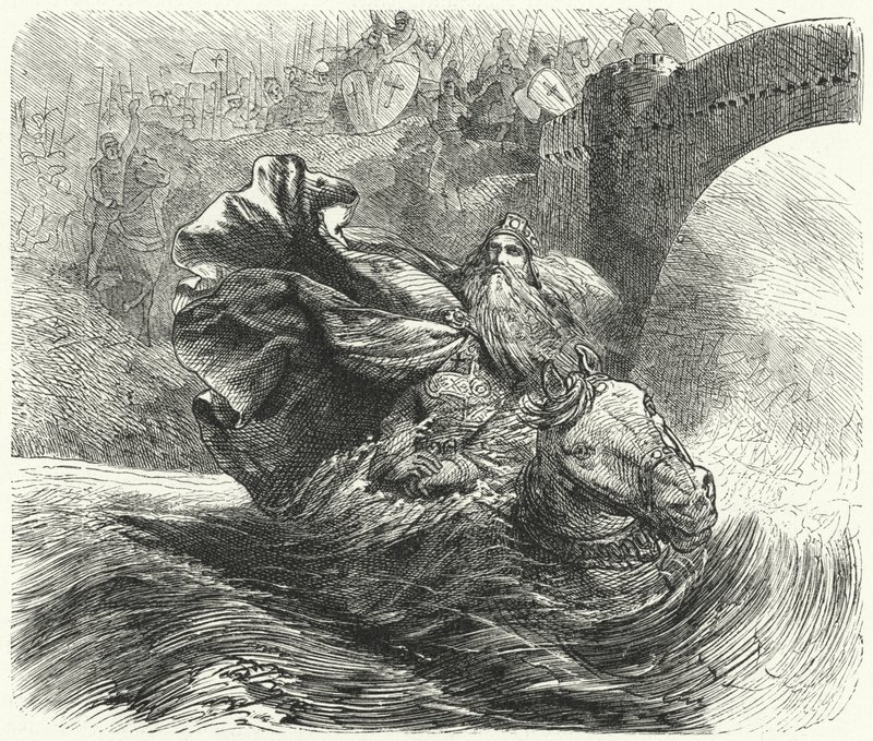 Frederik Barbarossa verdrinkt in de rivier Saleph tijdens de Derde Kruistocht, 1190 door Hermann Vogel