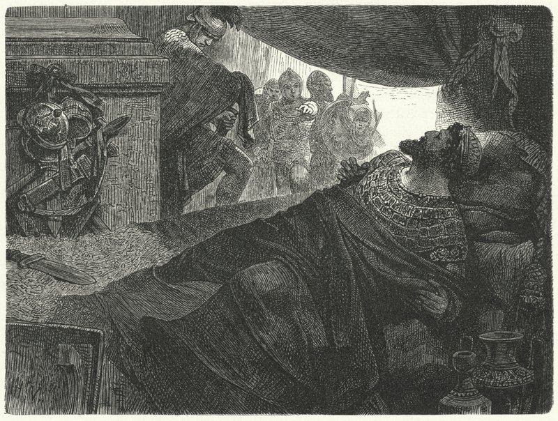 Mithridates VI van Pontus probeert zelfmoord te plegen door vergif in te nemen, 63 v.Chr. door Hermann Vogel