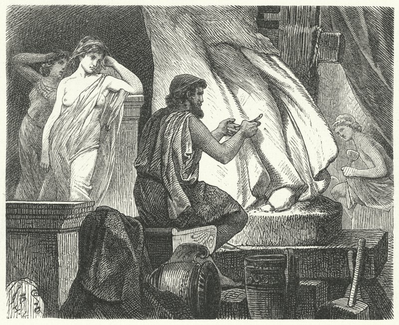 Het atelier van de Atheense beeldhouwer Praxiteles door Hermann Vogel