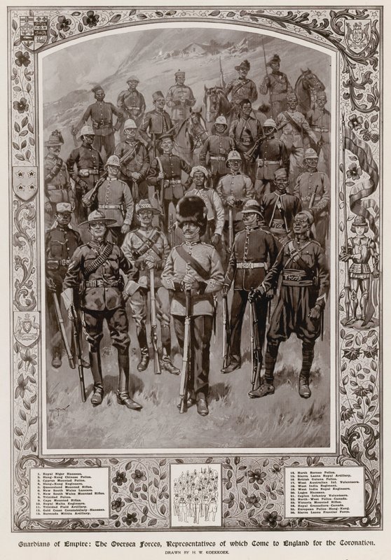 De overzeese strijdkrachten, vertegenwoordigers die naar Engeland kwamen voor de kroning van koning George V door Hermanus Willem Koekkoek