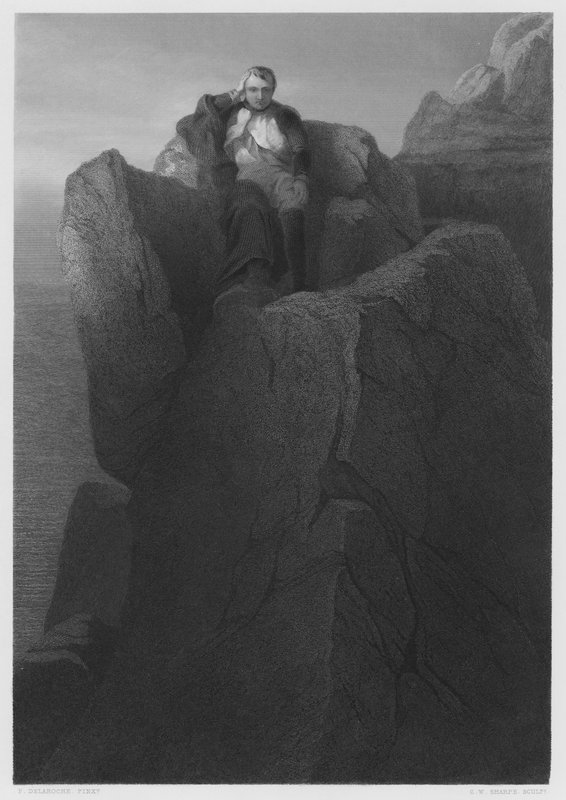 De Rots bij St Helena, uit het schilderij in de Koninklijke Collectie (gravure) door Hippolyte Delaroche