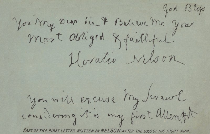 Deel van de eerste brief geschreven door Nelson na het verlies van zijn rechterarm door Horatio Nelson