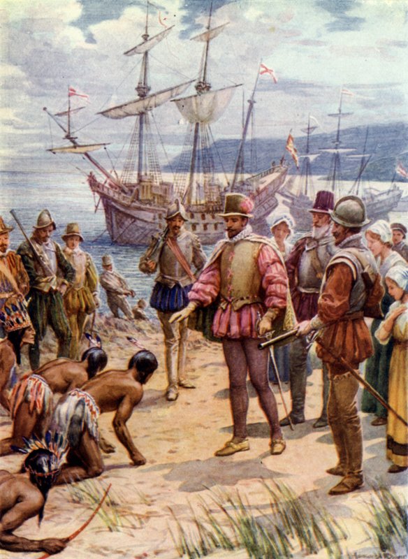 Sir Walter Raleigh, landend in Virginia door Howard Davie