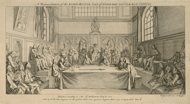 Een voorstelling van de Lord Mayor, het hof van schepenen en de gemeenteraad door Hubert Francois Gravelot