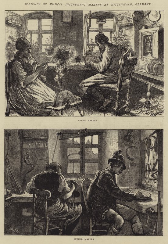 Schetsen van muziekinstrumentmakers in Mittenwald, Duitsland door Hubert von Herkomer