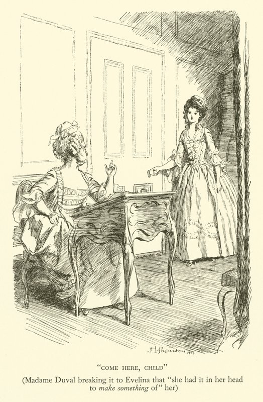 Kom Hier, Kind, Madame Duval Vertelt Evelina dat "ze het in haar Hoofd had om iets van haar te maken" door Hugh Thomson