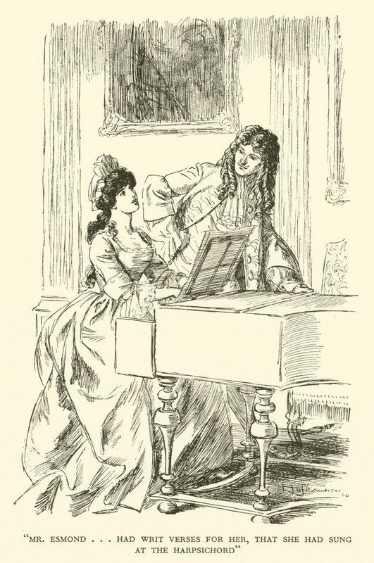 Mr. Esmond... had verzen voor haar geschreven, die zij aan het klavecimbel had gezongen (gravure) door Hugh Thomson