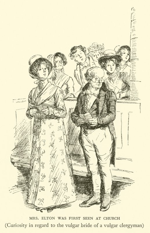 Mevrouw Elton werd voor het eerst gezien in de kerk, Nieuwsgierigheid naar de vulgaire bruid van een vulgaire predikant (gravure) door Hugh Thomson