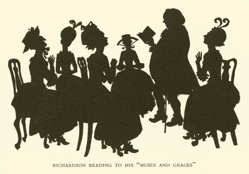 Richardson leest voor aan zijn "Muzen en Gratiën" (gravure) door Hugh Thomson