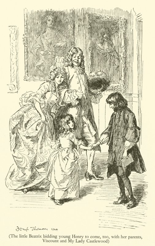 De kleine Beatrix vraagt jonge Henry om mee te komen, met haar ouders, burggraaf en mijn lady Castlewood (gravure) door Hugh Thomson