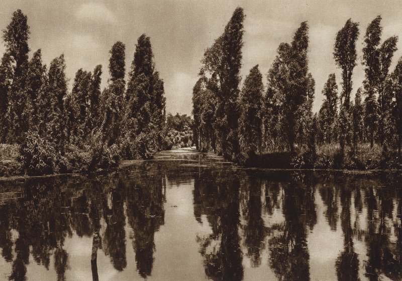 Mexico: Xochimilco met de zogenaamde "Drijvende Tuinen" (z/w foto) door Hugo Brehme