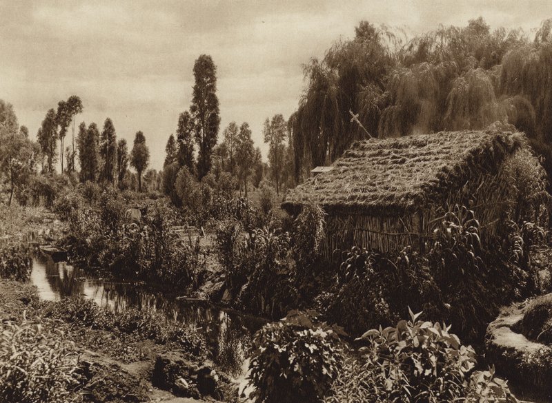 Mexico: Xochimilco met de zogenaamde "Drijvende Tuinen" (z/w foto) door Hugo Brehme