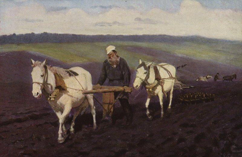 Russische schrijver Leo Tolstoy ploegt op de velden, ca. 1887 door Ilya Efimovich Repin