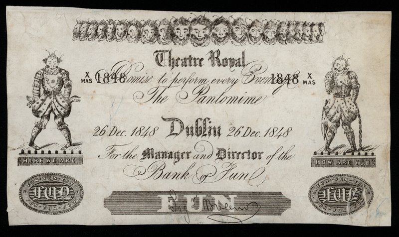 Advertentie voor een pantomime in het Theatre Royal, Dublin, gebaseerd op een bankbiljet van de Bank of Ireland door Irish School