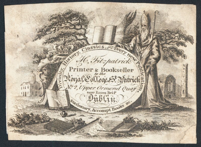 H Fitzpatrick, drukker & boekverkoper van het Royal College of Saint Patrick, handelskaart (gravure) door Irish School