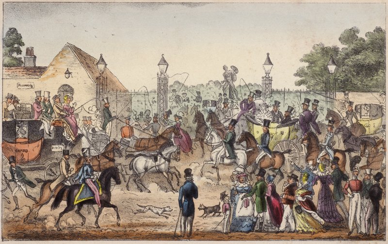 De aankomst, of westelijke ingang naar Cockney Land (gekleurde gravure) door Isaac Robert Cruikshank