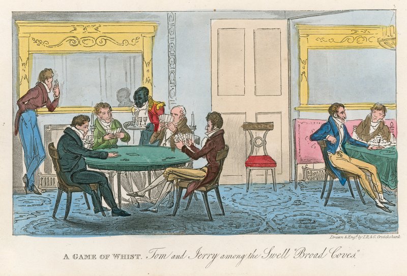 Een spelletje whist; Tom en Jerry onder de deftige brede kerels door Isaac, Robert and George Cruikshank