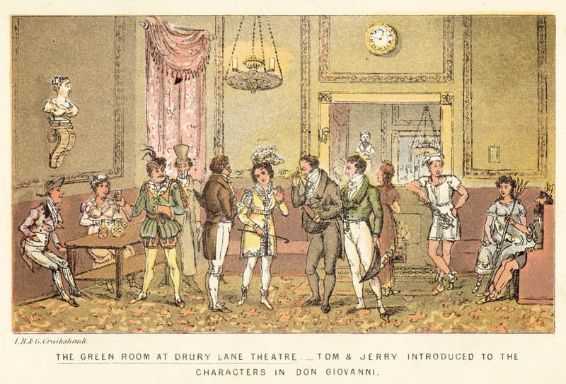 De Groene Kamer in het Drury Lane Theater door Isaac, Robert and George Cruikshank