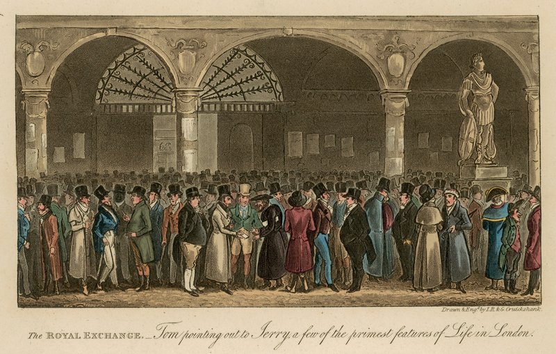 De Koninklijke Beurs: Tom wijst Jerry op enkele van de beste kenmerken van het leven in Londen door Isaac, Robert and George Cruikshank