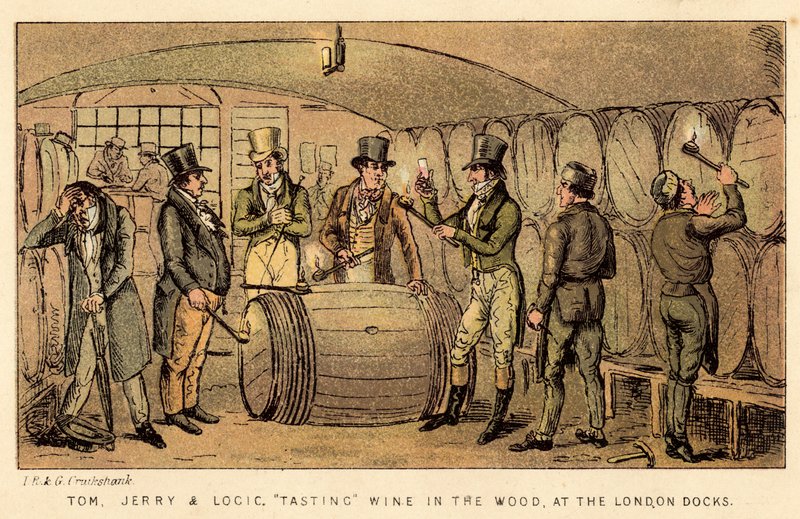 Tom, Jerry en Logic, wijn proeven in het vat, bij de London Docks door Isaac, Robert and George Cruikshank