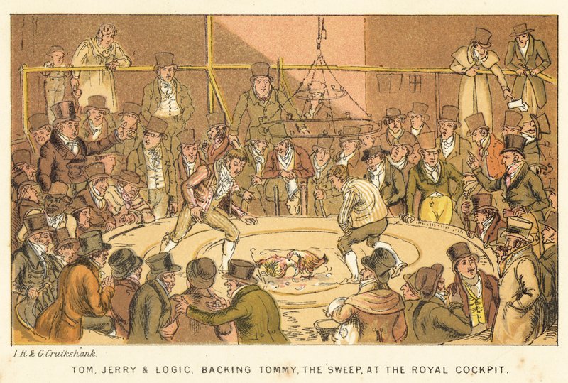 Tom, Jerry en Logic, steunen Tommy, de schoorsteenveger, bij de Koninklijke Hanenwedstrijd door Isaac, Robert and George Cruikshank