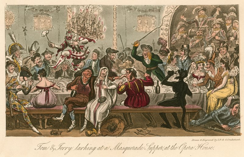 Tom en Jerry grappen bij een Maskerade Diner in het Opera House, Londen door Isaac, Robert and George Cruikshank