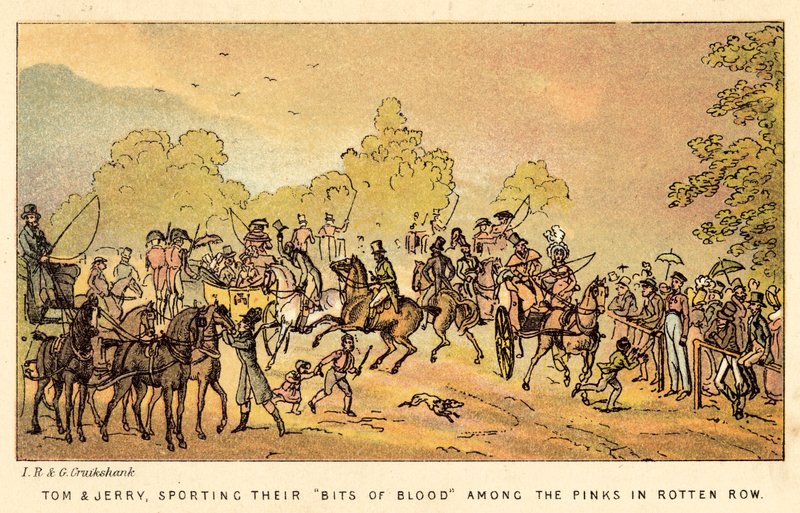 Tom en Jerry, pronken met hun Bits of Blood tussen de pinken in Rotten Row door Isaac, Robert and George Cruikshank