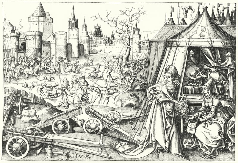 De onthoofding van de Assyrische generaal Holofernes door de Israëlitische Judith van Bethulia, uit het gedicht Judith (gravure) door Israhel van the Elder Meckenem