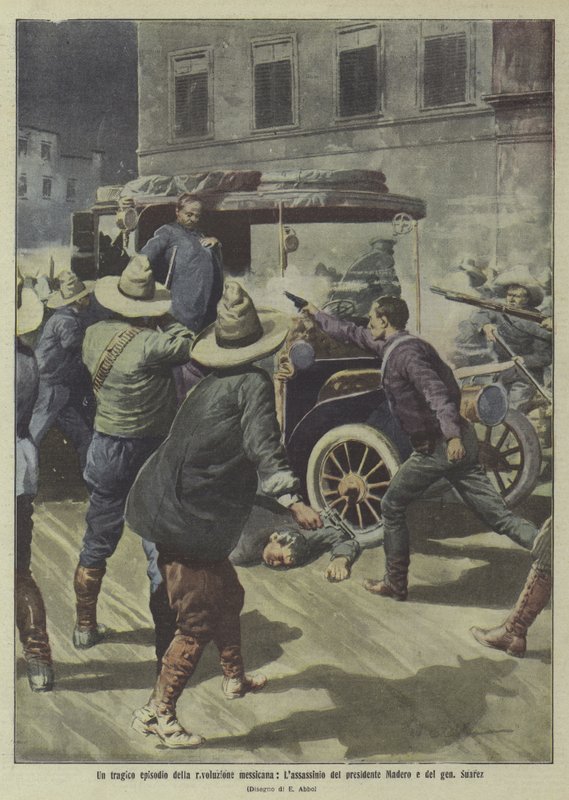 Een tragische episode in de Mexicaanse revolutie: de moord op president Madero en generaal Suarez (kleurenlitho) door Italian School