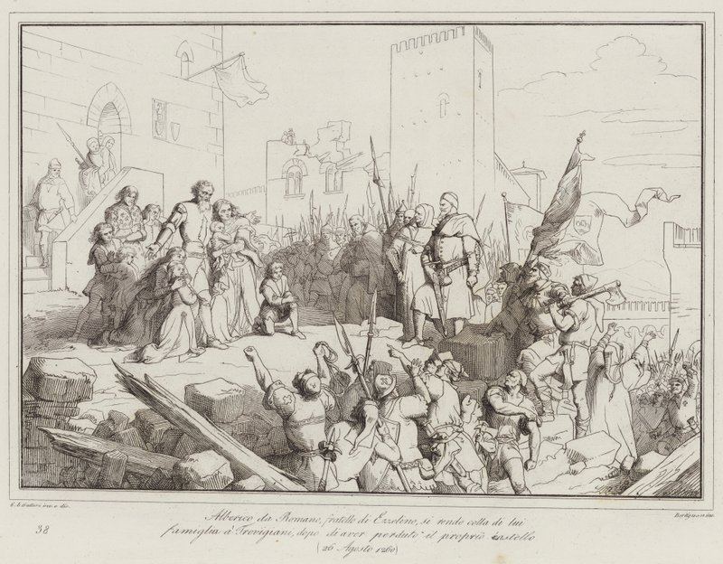 Alberico da Romano, broer van Ezzelino, geeft zich over met zijn familie aan de Trevigiani (gravure) door Italian School