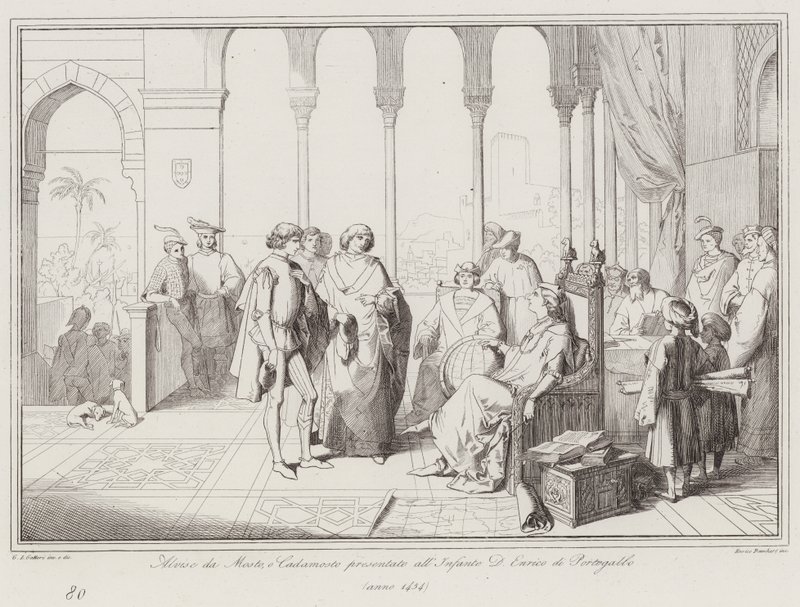 Alvise da Mosto, of Cadamosto gepresenteerd aan de Infante D Enrico van Portugal door Italian School