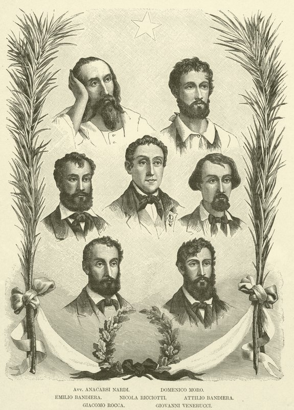 Avv Anacarsi Nardi, Domenico Moro, Emilio Bandiera, Nicola Ricciotti, Attilio Bandiera, Giacomo Rocca, Giovanni Venerucci (gravure) door Italian School