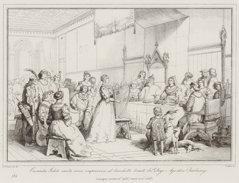 Cassandra Fedele zingt geïmproviseerde verzen op het banket gehouden door Doge Agostino Barbarigo... door Italian School