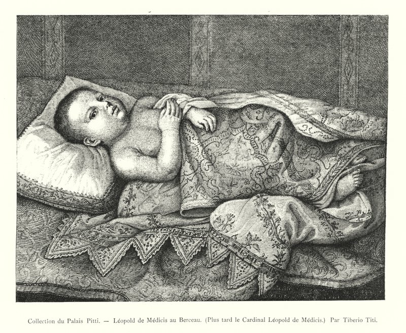 Collectie van het Pitti Paleis, Leopold de Medici in de wieg, later kardinaal Leopold de Medici, door Tiberio Titi (gravure) door Italian School