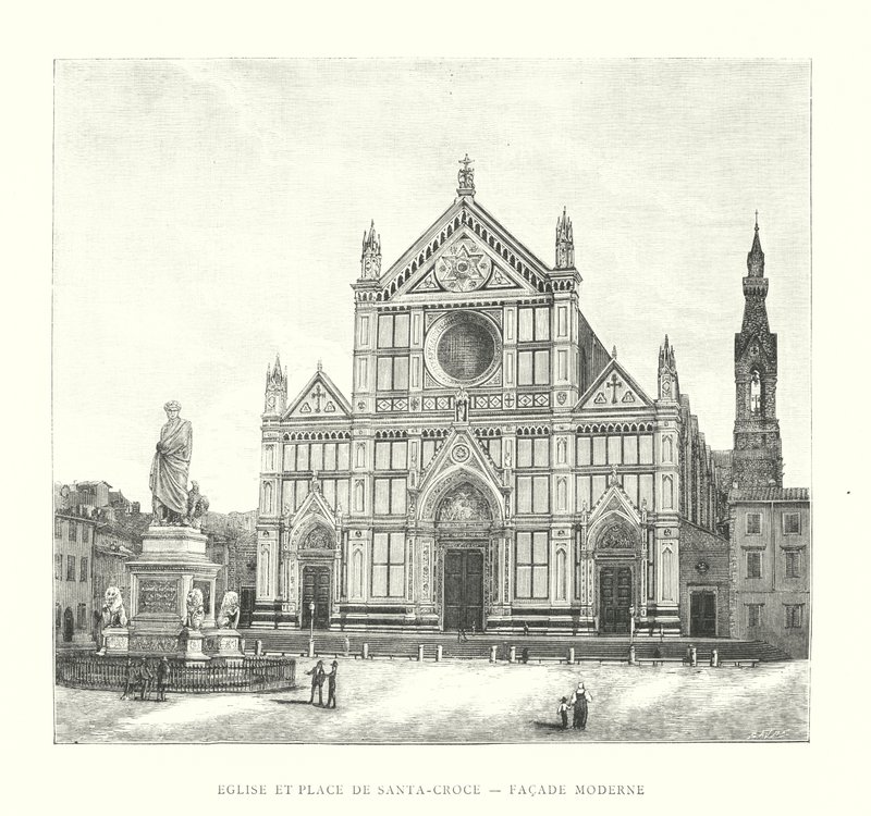 Kerk en plein van Santa-Croce, moderne gevel (gravure) door Italian School