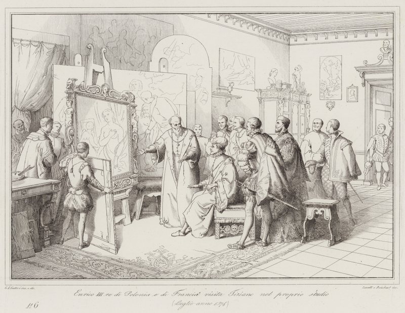 Hendrik III, koning van Polen en Frankrijk, bezoekt Titiaan in zijn atelier door Italian School