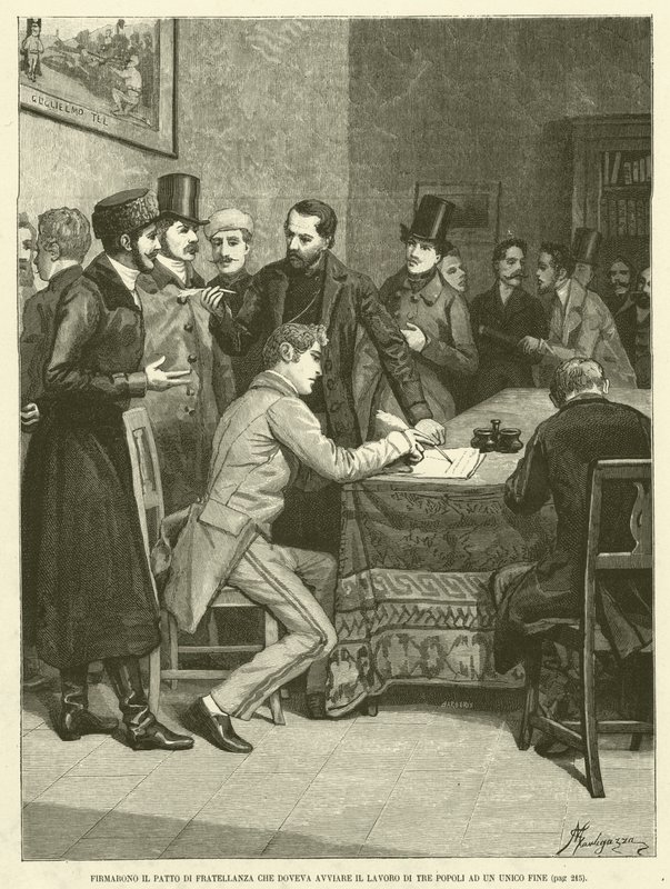 Ze ondertekenden het Broederschapsverdrag dat het werk van drie volkeren naar één doel moest leiden (gravure) door Italian School