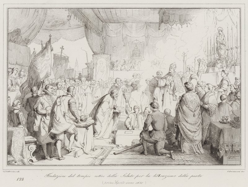 Stichting van de votieve tempel van de Gezondheid voor de bevrijding van de pest door Italian School
