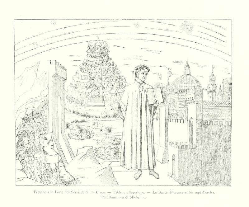 Fresco bij de Porta dei Servi van Santa Croce, Allegorisch schilderij, Dante, Florence en de zeven cirkels, door Domenico di Michelino (gravure) door Italian School