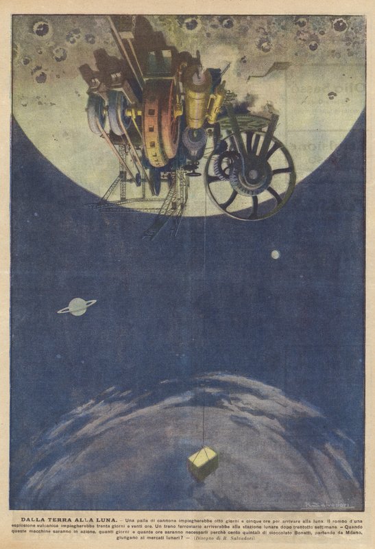 Van de aarde naar de maan (kleurenlitho) door Italian School