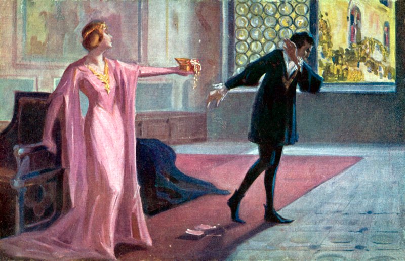 Hamlet en Ophelia (kleurenlitho) door Italian School