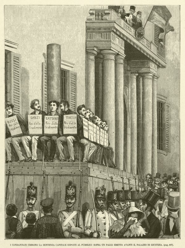 I Condannati Udirono la Sentenza Capitale Esposti al Pubblico Sopra Un Palco Eretto Avanti il Palazzo di Giustizia (gravure) door Italian School
