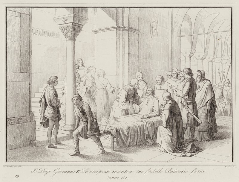 De Doge Giovanni II Partecipazio ontmoet zijn gewonde broer Badoario, 884 door Italian School