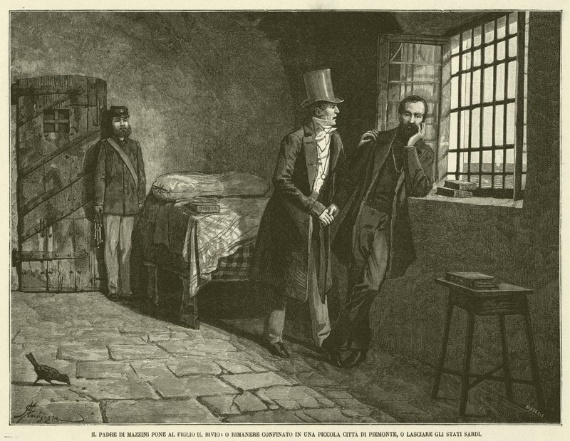 De vader van Mazzini stelt zijn zoon voor de keuze, of blijven in een kleine stad in Piemonte, of de Sardijnse staten verlaten (gravure) door Italian School
