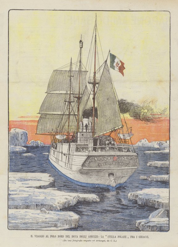 De reis naar de Noordpool van de hertog van Abruzzi, La Stella Polare tussen het ijs door Italian School