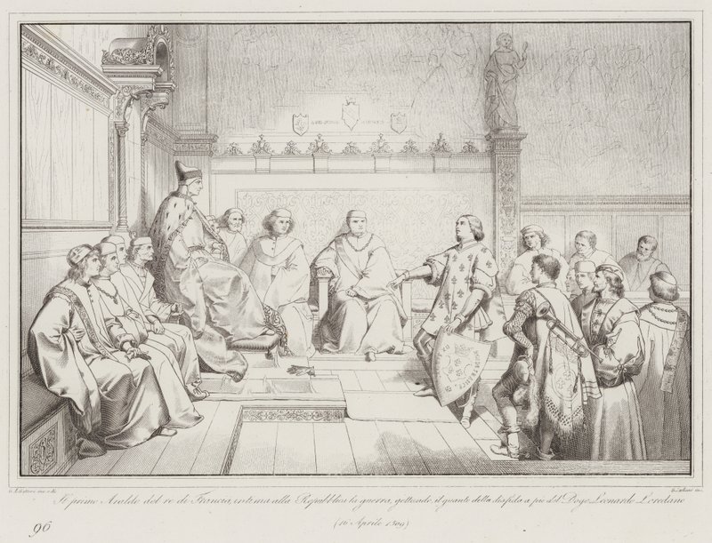 De eerste heraut van de koning van Frankrijk, kondigt de oorlog aan de Republiek aan, door de handschoen te werpen... (gravure) door Italian School